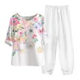 thumbnail image 1 of Mikilon Ensemble Élégant pour Femmes 2 Pcs Col Rond Manches Cinq-Quarts Haut Pantalon Impression Numérique Costume Deux Pièces Rose TP, 1 of 3