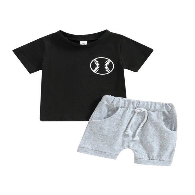 2Pcs Infant Baby Boy Summer Clothes Sets Outfits Short Sleeve Baseball Print Tops + Shorts Set