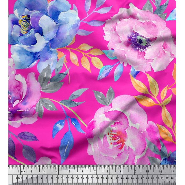 Soimoi Pink Poly Georgette Fabric Leaves & Floral Decor Fabric Printed BTY 42 Inch Wide