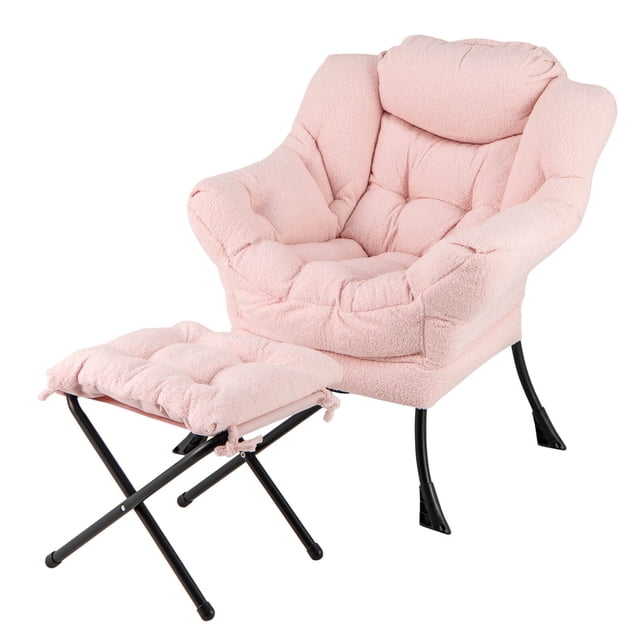Costway Fauteuil de Repos Fauteuil d'Appoint de Détente avec Repose-Pieds Pliant et Pochette de Rangement en Rose. la Chaise Présente une Housse en Tissu sherpa Doux, un Dossier Ergonomique et des Accoudoirs Remplis de Coton PP à Haute Résilience pour le Confort. Comprend un ottoman Pliable avec un Coussin Amovible, Soutenu par une base en tube Métallique Robuste avec Patins Antidérapants. Conçue avec une Pochette de Rangement Latérale et un Capitonnage à Boutons pour une Élégance Accrue. Convient aux Salons, Chambres, Vérandas et Plus.