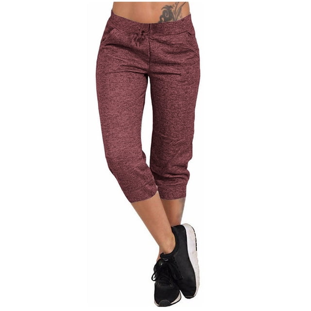 Capris à Enfiler pour Femmes Extensibles à Jambe Grand Coupe Jambe Grande Taille Polyester Pantalons Raccourcis Pantalons Capris pour Dames Style C-88 Bordeaux TTG