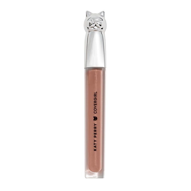 COVERGIRL Katy Kat Gloss lip gloss in a clear tube with a shiny rose nude colour and a silver cat-head shaped cap, branded with KATY PERRY and COVERGIRL logos, offering intensely pigmented, high-impact colour with a glossy, lip-plumping finish ideal for adding shine and dimension.