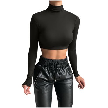 IROINID Savings Womens Long Sleeve Crop Tops Tops High Neck Solid Color Short Navel Exposed Sexy Slim T-Shirt,Black