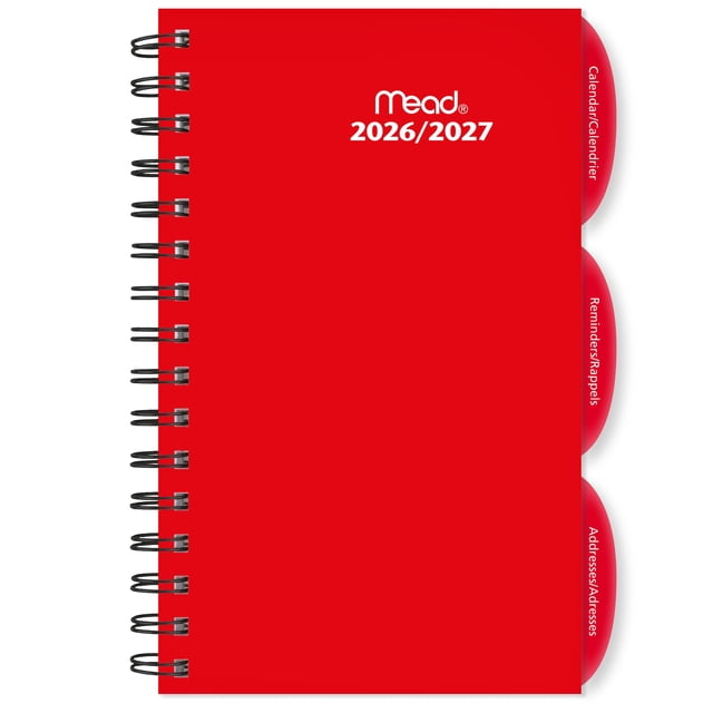 2027 Mead® Pkt Weekly and Monthly Poly Plnr 18-month (July 2026–Dec 2027) bilingual planner with durable poly cover and twin-wire binding. Three poly-tabbed sections: Calendar, Notes, Address. Monthly and weekly two-page spreads with past/current/future month references, full-year reference calendars and map of Canada. 4-1/4" x 6-1/4", assorted colours. Often used as a compact project notebook for on-the-go planning.