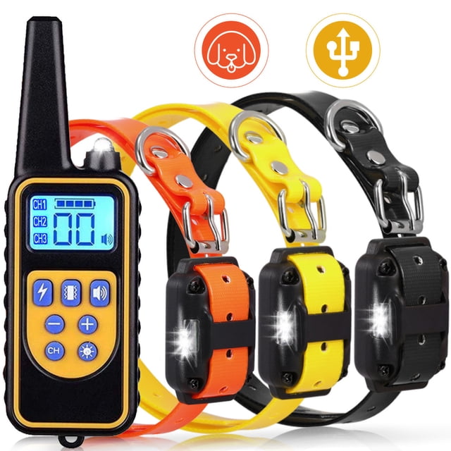 3-Channel Rechargeable Dog Training Collar 880-3 with Yellow Remote - Weatherproof, Anti-Interference, 99 Levels Vibration/Shock, Beep & Light Modes - Built-in LiPo Battery, 67cm Leather Collar, USB