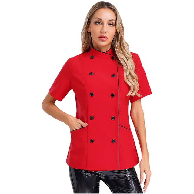 Eandarui Veste de Chef à Manches Courtes pour Femmes Manteau de Chef Professionnel Uniforme de Travail pour Hôtel Cuisine Rouge P