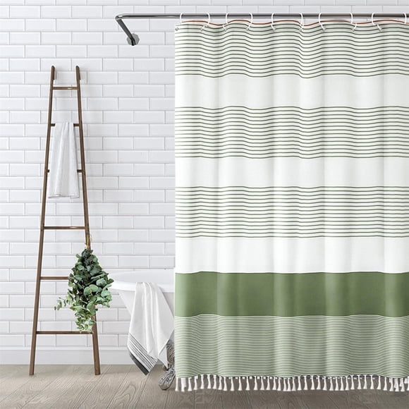 Fasiaou Green Shower Curtains for Bathroom, Boho Shower Curtain Stripe, Farmhouse Shower Curtain Tan with Hooks, Neutral Shower Curtain Faux Linen, Water Repellent, 72x72 Inche