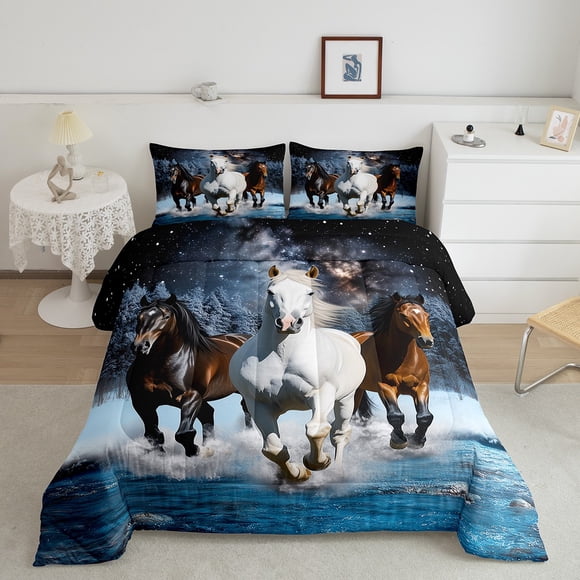 Erosebridal 3D Horse Comforter Sets Full Size, White Dandelion Comforters & Duvets, Rustic Lake Reversible Duvet Insert, Lightweight Room Decor, 3 Pieces