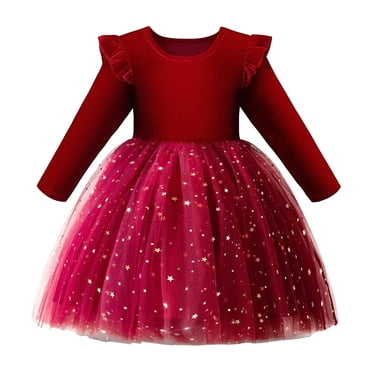 Splozh Dresses Christmas Dresses for Girls Christmas Girls Long Sleeve Dress Flying Sleeve Star Mesh Princess Dress Christmas Performance Clothes Red,4-5 Years
