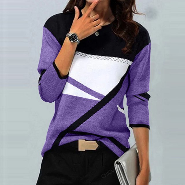 Jsaierl 2024 Automne Hauts à Manches Longues pour Femmes Col Rond Confortables T-Shirts Graphiques Géométriques Tendance Chemises Amples Décontractées Habillées Blouses de Travail