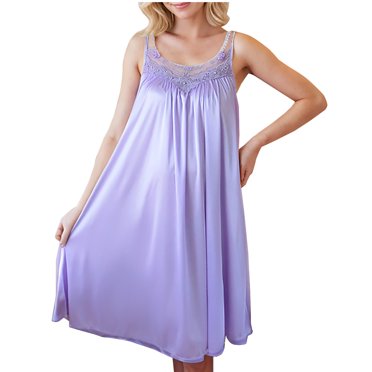 Tnhcen Robe de Nuit Mi-Longue en Soie Glacée pour Femme, Été, Aguichant, Col en Dentelle, Sans Manches, Grande Taille, Taille Unique, Robe de Pyjama Fraîche
