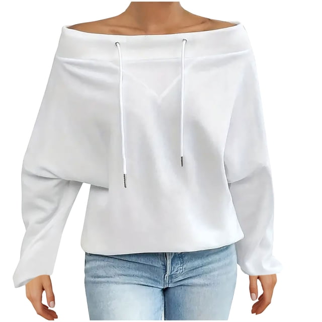 Women's Off Shoulder Sweatshirt Adjustable Drawstring Oversized Long Sleeve Shirt Pullover Basic Slouchy Clothes 2025