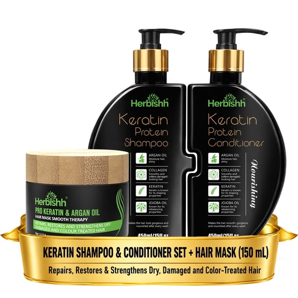 Shampooing et Revitalisant à la Kératine (450 ml) + Masque Capillaire à l'Argan (150 ml) – Trousse de Réparation Capillaire Sans Sulfate pour Cheveux Secs, Abîmés et Colorés – Hydratant, Fortifiant avec Huile d'Argan, Jojoba et Collagène