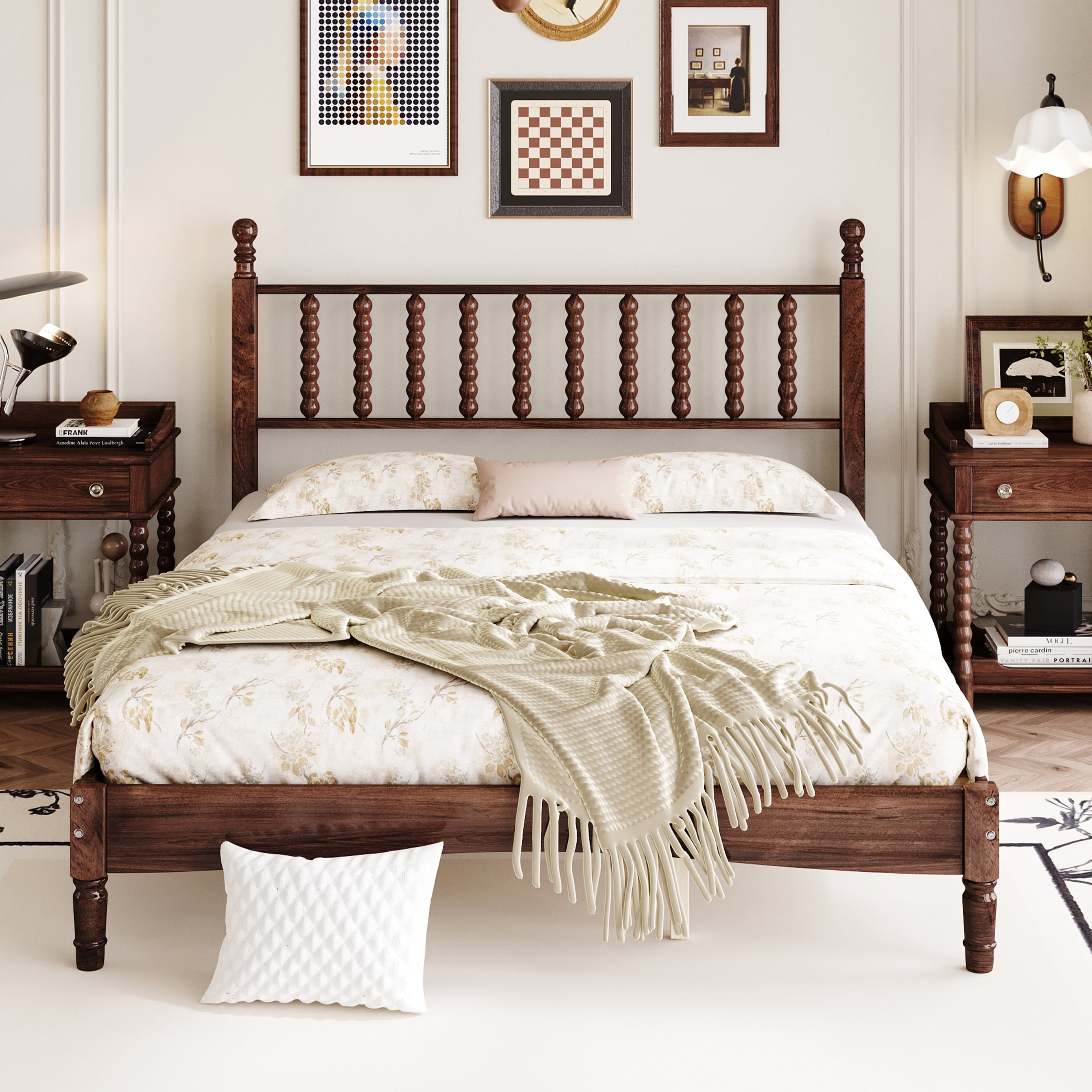 Noble House Queen Gourd Headboard Platform Bed,Wood Slat Support Retro Style Platform Bed,Walnut