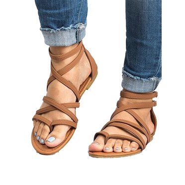 Women's Gladiator Flat Sandals Casual Beach Y-strap Lace Up Ankle Shoes