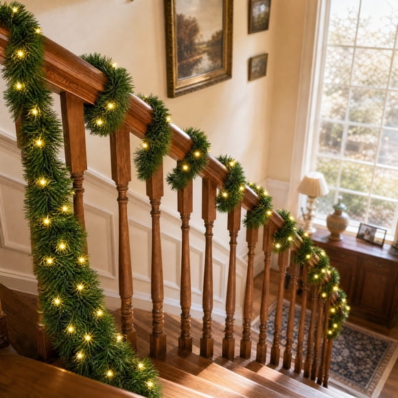 Dvkptbk Décorations de Noël Guirlande Lumineuse LED en Rotin Vert Simulé Décorations d'Escalator Guirlande de Couronnes Bricolage Lumières Colorées pour Festival Décoration d'Arbre de Noël
