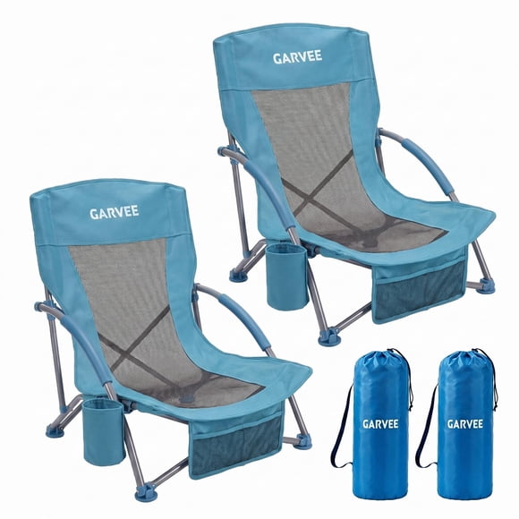 Chaise de Plage – Lot de 2 Portables pour Adultes – Chaise de Voyage Inclinable Basse – s'Insère dans une Valise – Porte-Gobelet – Plage, Camping et Festival – Bleu