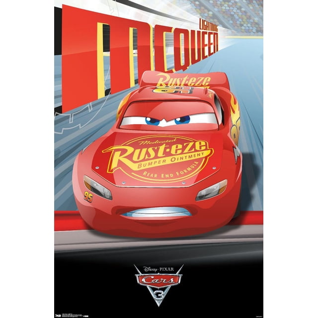 Disney Pixar Cars 3 - Lightning Wall Poster, 22.375" x 34" Framed showing a front-facing view of Lightning McQueen, a red race car with blue eyes and yellow Rust-eze logo on the hood, speeding on a racetrack with large red and yellow 'McQueen' text in the background and the Cars 3 logo below, suitable as wall art for kids' rooms or home decor.