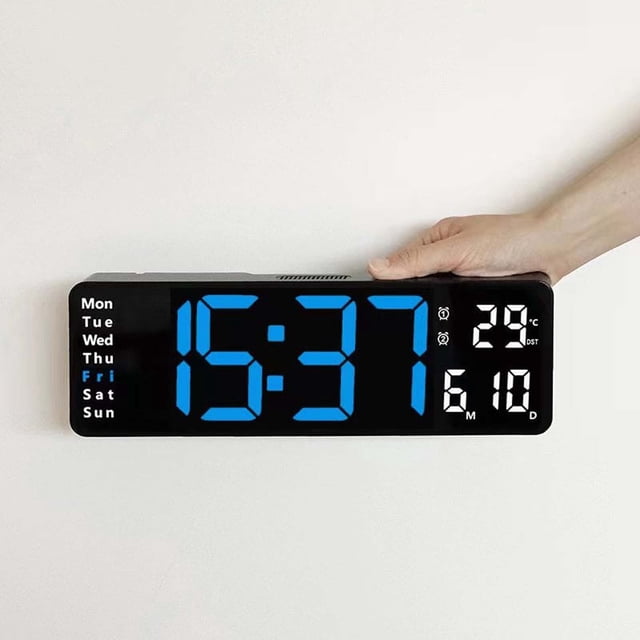 Meitianfacai 13 Inch Large Digital Clock with Temperature, Date, Auto DST, Night Light, and Auto Brightness Dimmer. Features a large 13-inch display with clear blue digits, showing time, day of the week, date, and indoor temperature in Celsius or Fahrenheit. Includes a remote control for adjusting brightness, setting alarms, and timers. Ideal for home electronics setups, with a wall-mounted design, long power cord, and hidden coiled cord for convenience.