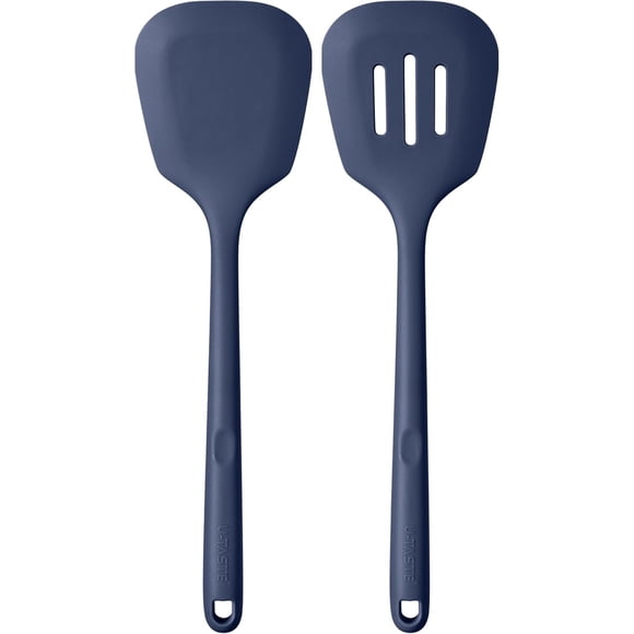 Spatules en Silicone Résistantes à la Chaleur 600 °F : U-Taste Spatule de Cuisine Pleine et Ajourée 13,6 Po, Spatule à Retourner, Ustensiles de Cuisson Flexibles de Qualité Alimentaire, Larges et Grandes pour Retourner les Oeufs, Crêpes (Bleu Minuit, 2 Pcs)