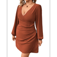 thumbnail image 2 of Large Size Women's Wrap V Neck Bodycon Mini Dress Puff Long Sleeve Ruched Brown XL, 2 of 9