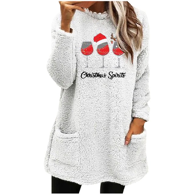 Pisexur Fuzzy Chandails de Noël pour Femmes Doublés en Molleton à Manches Longues à Col Rond Chandail d'Hiver Chaud Imprimé Verres de Vin Rouge Chandail de Noël à Enfiler Hauts avec Poches