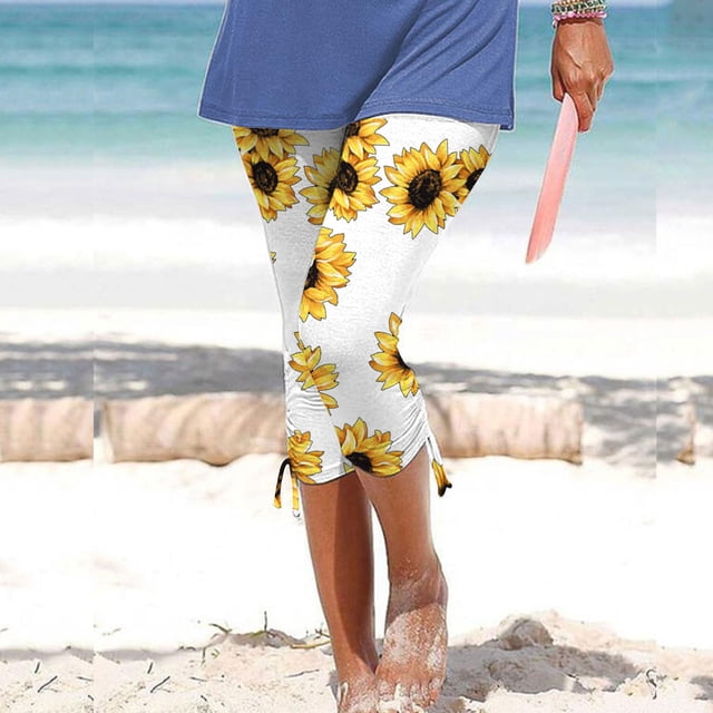 CHGBMOK Women's Plus Size Summer Casual Drawstring Printed Capris, Clearance
