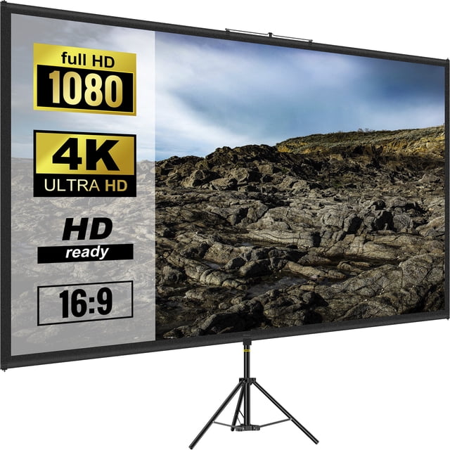 VEVOR Tripod Projector Screen with Stand, 70-inch diagonal, featuring a 16:9 aspect ratio and 4K HD resolution. The screen is supported by an adjustable aluminum tripod stand, offering a height range of 78.7 to 98.4 inches. The wrinkle-free polyester screen provides a 160-degree viewing angle for clear visuals from multiple perspectives. Suitable for indoor and outdoor use, including home cinema, gaming, and office presentations.