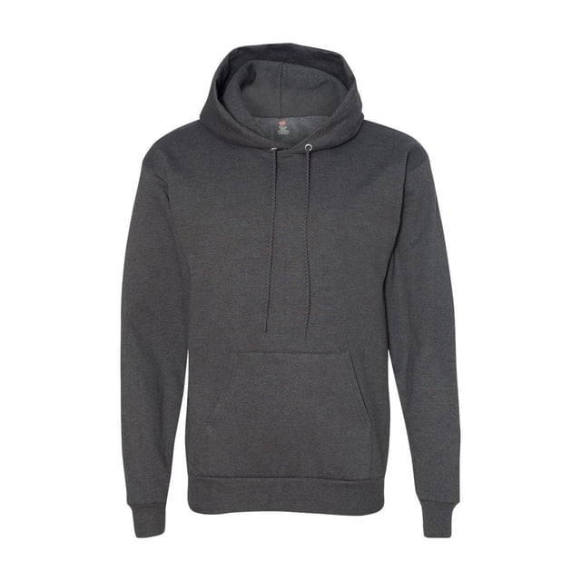 Fleece Ecosmart Hooded Sweatshirt by Hanes in a dark grey color. Made with sustainable fleece material, it features a drawstring hood, front kangaroo pocket, and ribbed cuffs and hem for a comfortable fit.