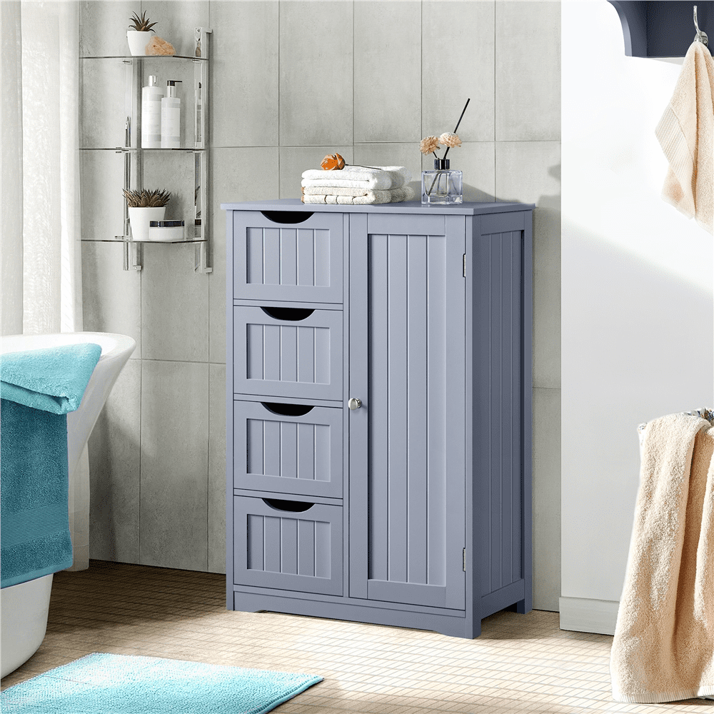 FullFurnique Modern Wooden Bathroom Floor Cabinet with 4 Drawers & Cupboard, Gray