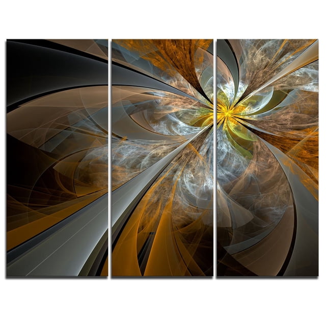 Design Art Impression sur Toile de Fleur Fractale Jaune Symétrique, Impression Numérique sur Toile à Trois Panneaux de 36 par 28 Pouces, Montrant une Fleur Fractale Jaune Centrale avec des Formes Abstraites Tourbillonnantes orange, Gris et Blanc sur Toile Noire, Imprimée sur Toile de Coton et Prête à Accrocher, Convient pour Rehausser les Murs Modernes de la Maison Ou du Bureau.