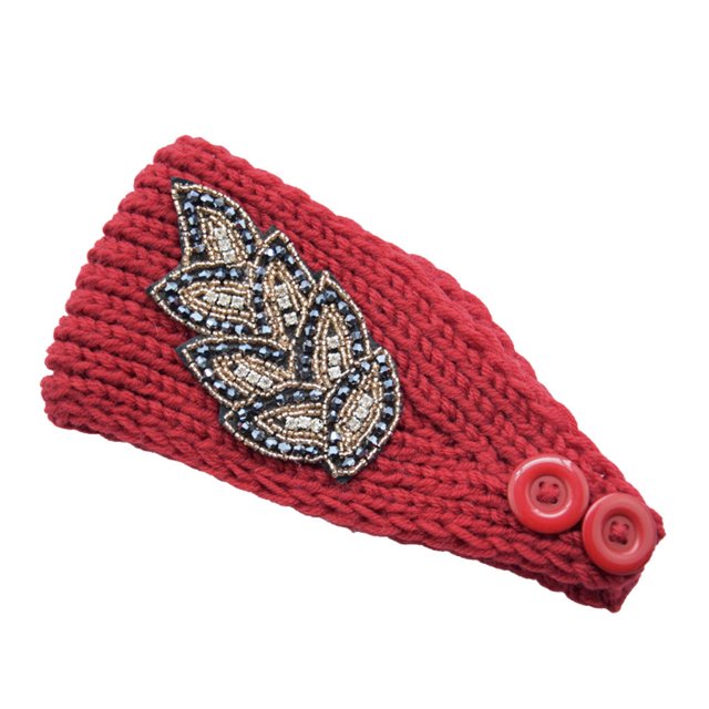 Crochet Headbands Winter Leaves Pattern with Rhinestones Elastic Head Protector Wide Warm Chunky Hair Accessories for Girls Jujube red