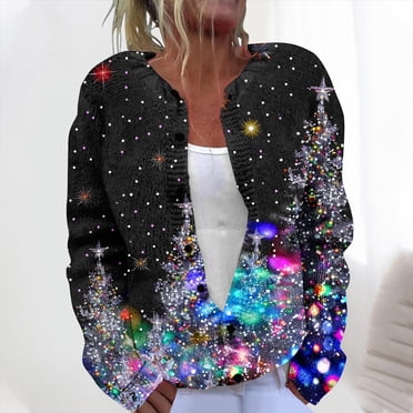 Jsaierl Cardigan Sweaters for Women Ugly Christmas Sweater Long Sleeve Open Front Knit Cardigans Button Down Xmas Coats