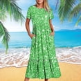 thumbnail image 2 of Penkiiy Robe à Manches Courtes pour Femmes, Imprimé Brillant, Ample, Unie, Décontractée, d'Été, Fluide, à Étages, Longue Maxi avec Poches, m Vert, 2 of 8