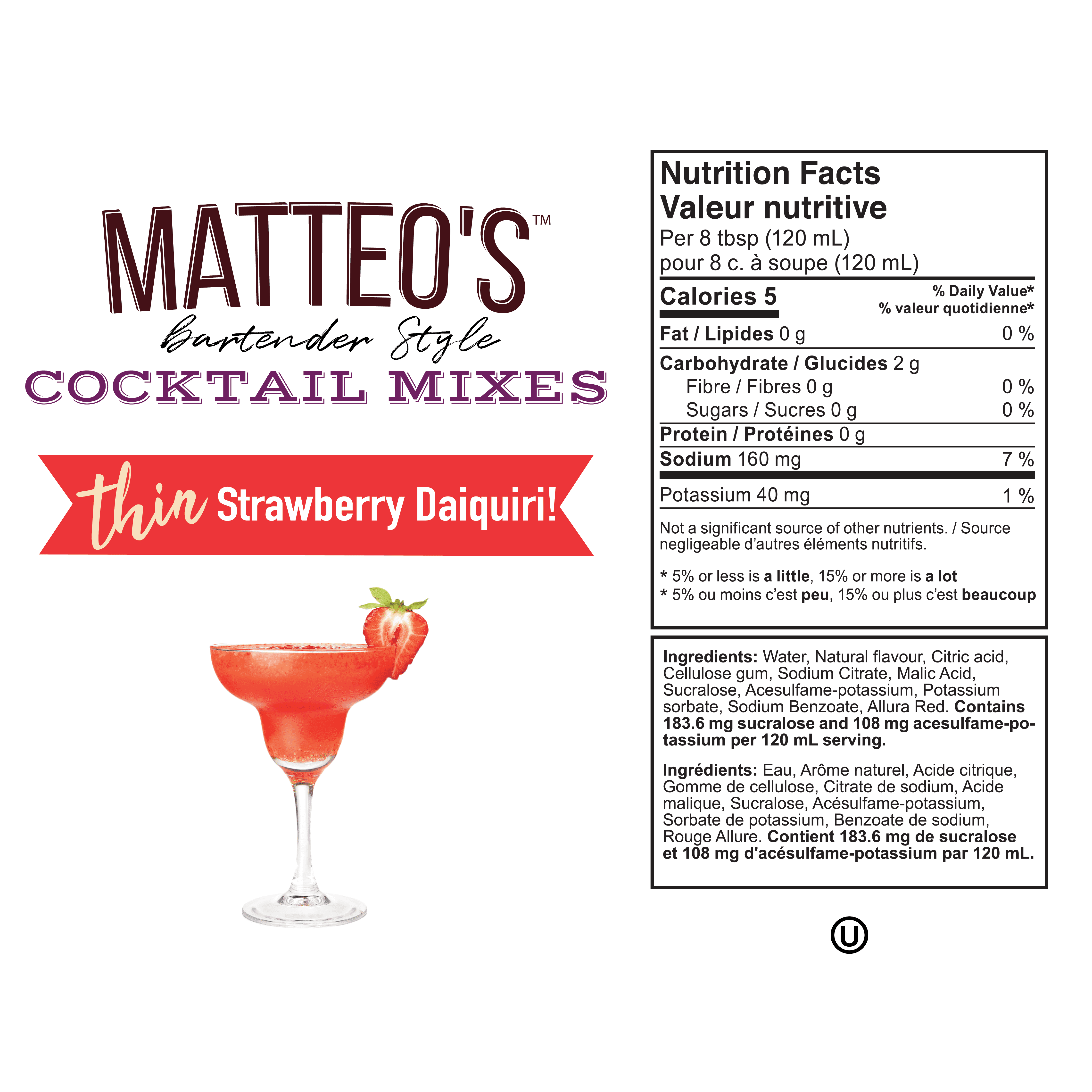 Matteo's Sugar Free Cocktail Syrup, Strawberry Daiquiri, 750mL, 0 Calories, Sugar, (Single Bottle)
