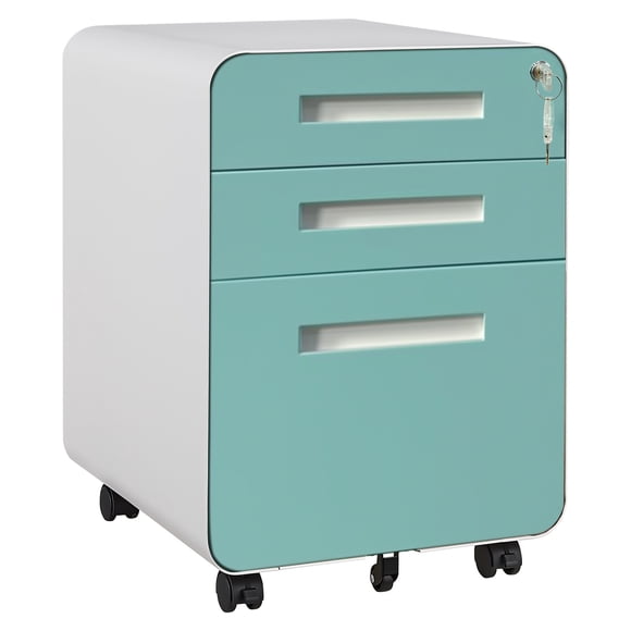 3 Drawer Metal File Cabinet with Lock and Wheels, Fully Assembled Mobile Filing Cabinet for Home Office, Anti Tilt Casters for A4 Letter Legal Storage, Blue Orange White Black Wood Grain