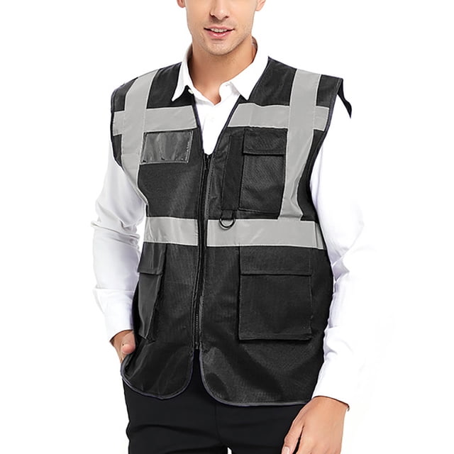 GOGO 5 Pockets High Visibility Safety Vest with Reflective Strips, Working Uniform Vest-Black-3XL