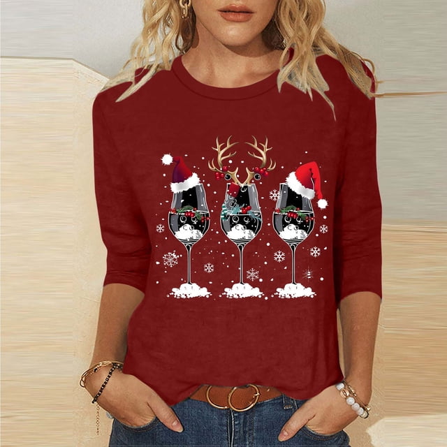 Amzcrzy Hauts pour Femmes T-Shirts Graphiques de Noël pour Femmes Mode Xmas Col Rond Manches 3/4 Hauts pour Femmes Décontractés Confortables Hauts d'Automne pour Femmes