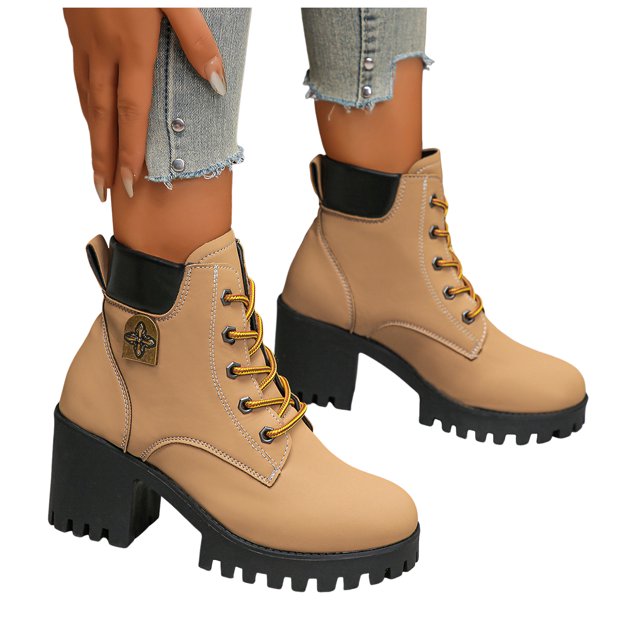 Platform Combat Boots for Women Trendy Leather Waterproof Non Slip Chunky High Heel Riding Ankle Booties