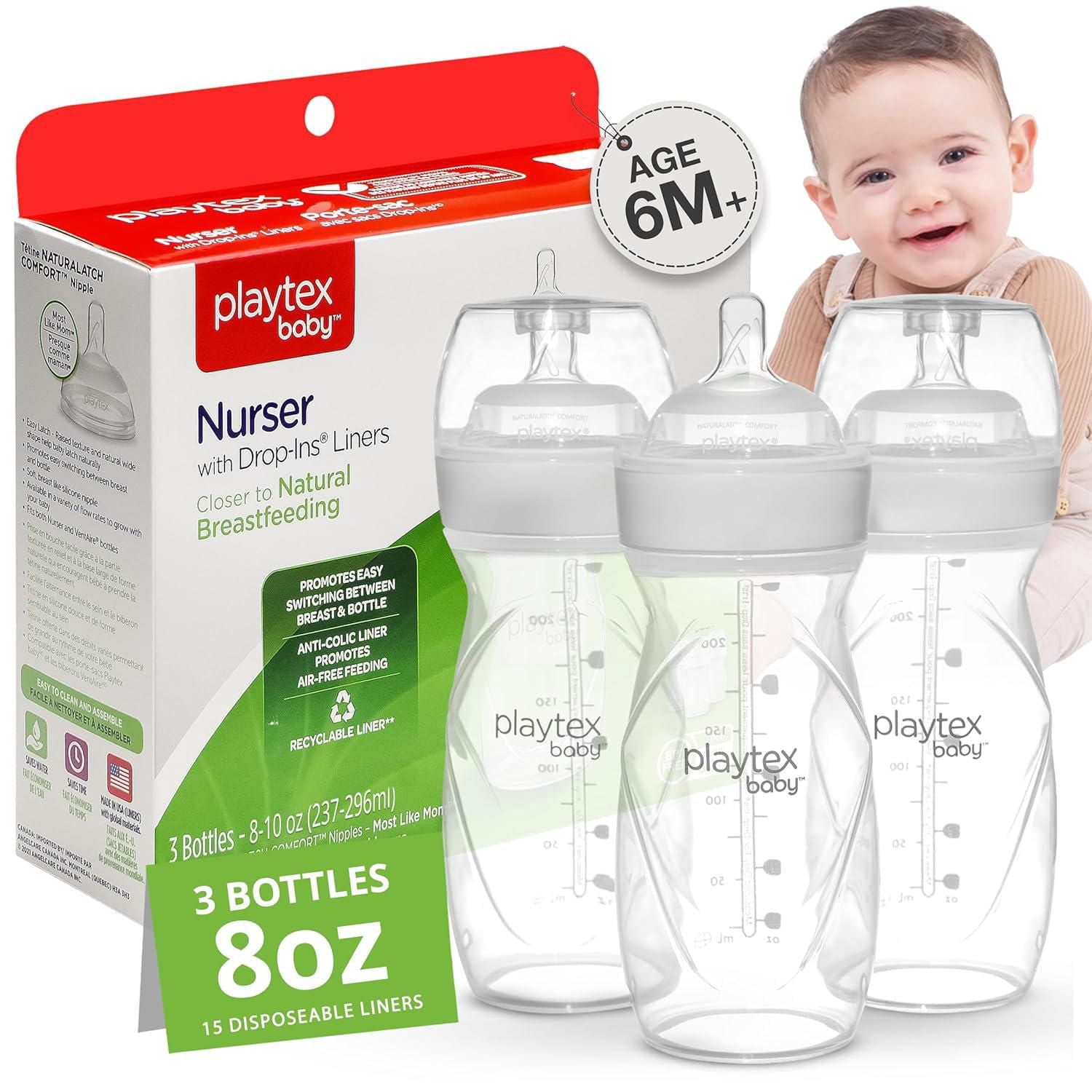 Playtex Baby® Anti-Colic, Reduce Gas, Air Free Nurser Bottle with 15 Pre-Sterilized Disposable Drop-Ins Liners, Closer to Breastfeeding, 3x8 ounce Bottles