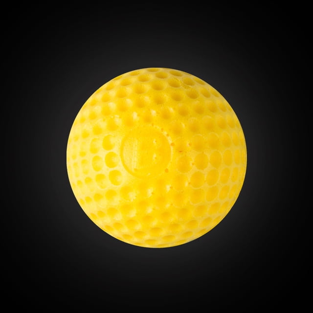 Ourlova 100pcs round refill toy compatible replace bullet balls for Nerf Rival Zeus Apollo blasters. The image shows a single yellow PU/polyurethane bullet ball with a dimpled texture, measuring 2.2 cm (0.86 inches) in diameter. Designed for kids, teenagers, and adults, these lightweight and soft balls are safe for indoor and outdoor play. Compatible with various Nerf Rival models, including MXVI-4000 and XV-700.