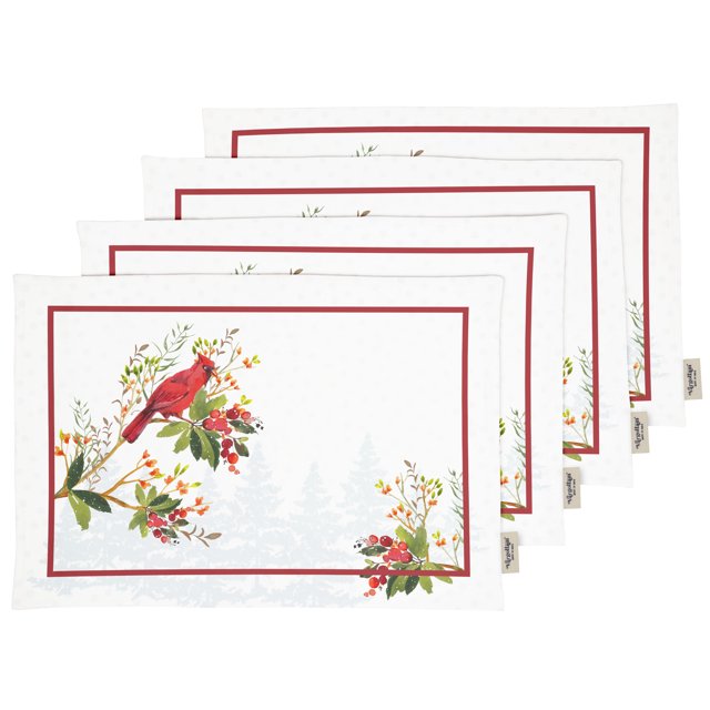 Vargottam Napperons - Napperon pour Table à Manger, Ensemble de 4 - Serviette en Coton Imprimée et Réversible - Napperons d'Intérieur pour Table de Salle à Manger à la Maison et dans la Cuisine - Oiseau Rouge (Rouge et Blanc)