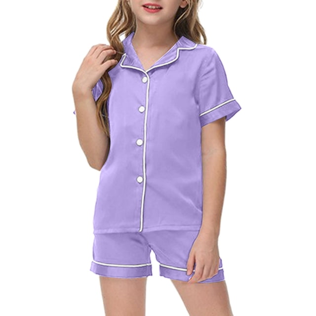 WEIYLL Pj Set Girls Summer Solid Color Short Sleeve Turn-Down Collar Silk Button Down Classic Shorts 2 Pcs Sleepwear Suit 12-13 Years