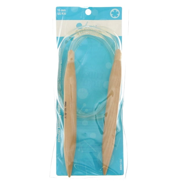 Love Knitting Wooden Circular Knitting Needles with 15 mm smooth wooden tapered tips connected by a flexible clear cable, designed for comfortable knitting in the round, displayed in original blue and white packaging suitable for various knitting styles.