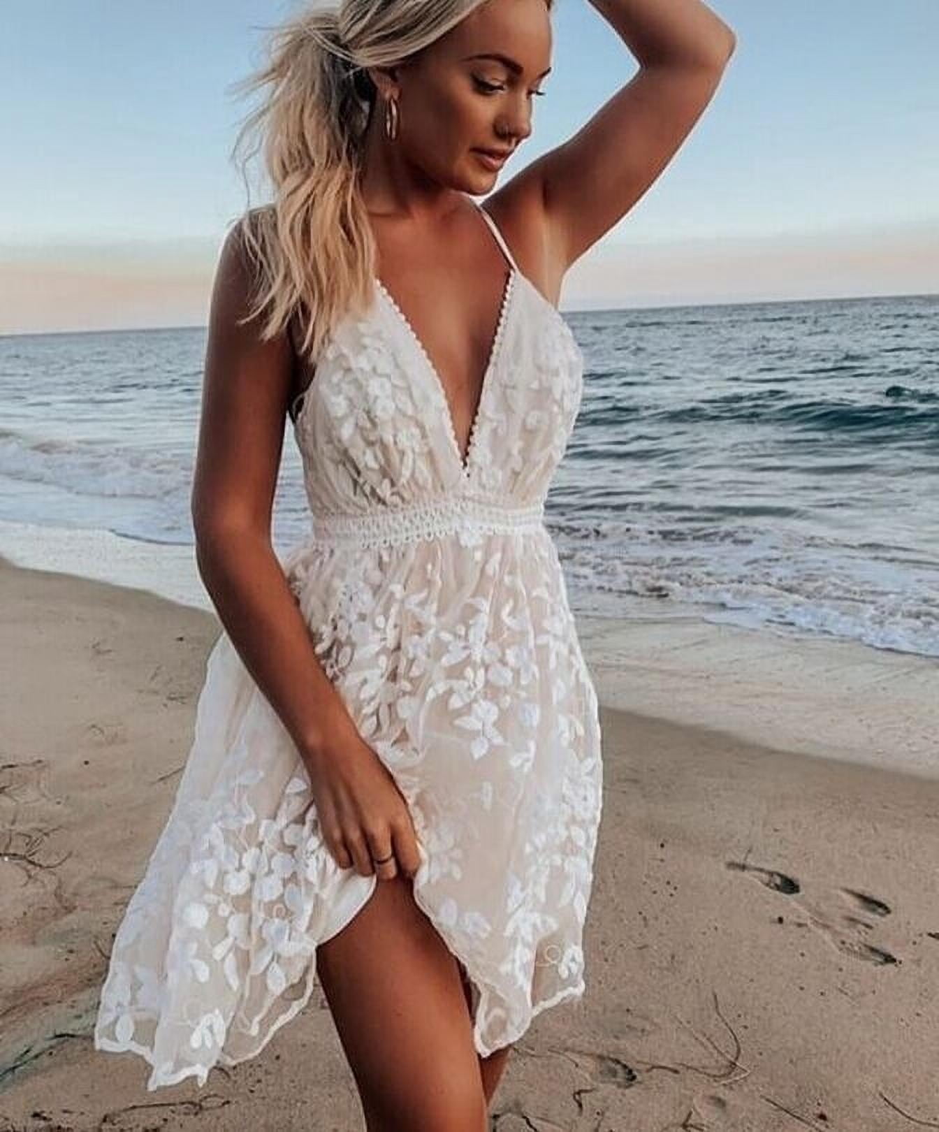 Robe d'Été Blanche pour Femme, Aguichant, à Col en V, Dos Nu, avec Dentelle, à Bretelles, Évasée, Courte, Mini, Robe de Plage