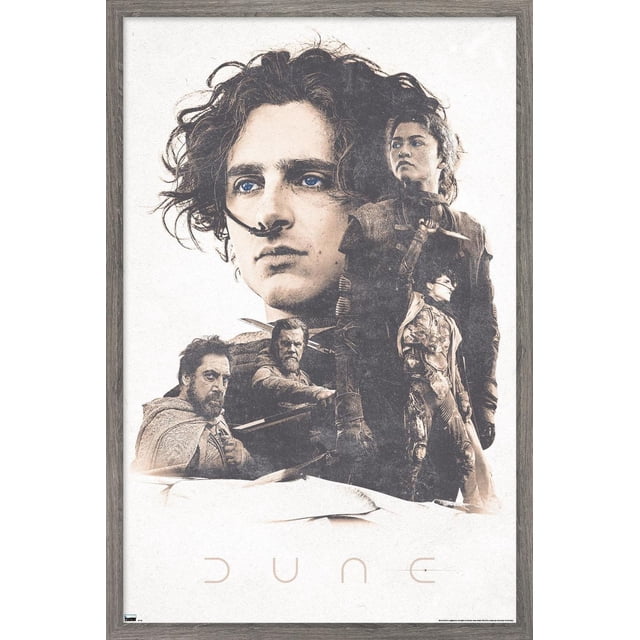 Dune: Part 2 - Group Wall Poster, 22.375" x 34", featuring a high-resolution sepia-toned collage of characters from the Dune movie in detailed costumes with a textured grain effect, framed in rustic wood, with the minimalist 'Dune' title at the bottom, ideal for home or office wall décor.