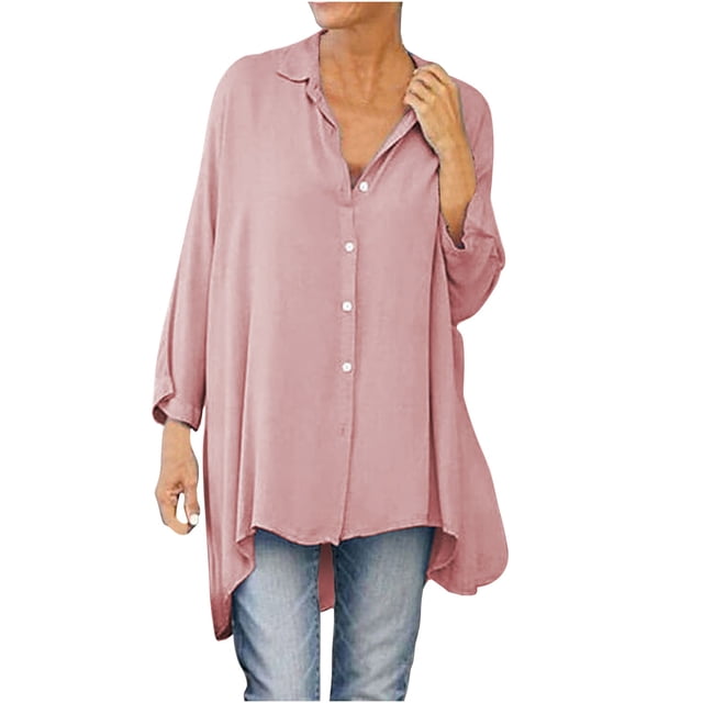 TIMIFIS Womens Oversized Shirts Button Down Long Sleeve Shirt V Neck Collar Loose Flowy Blouse-Pink-MFall