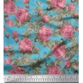 thumbnail image 1 of Soimoi Tissu en Rayonne Bleu Imprimé Feuilles & Roses pour Couture BTY 56 Pouces de Large, 1 of 3