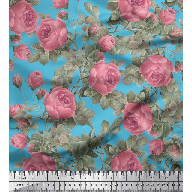 Soimoi Tissu en Rayonne Bleu Imprimé Feuilles & Roses pour Couture BTY 56 Pouces de Large