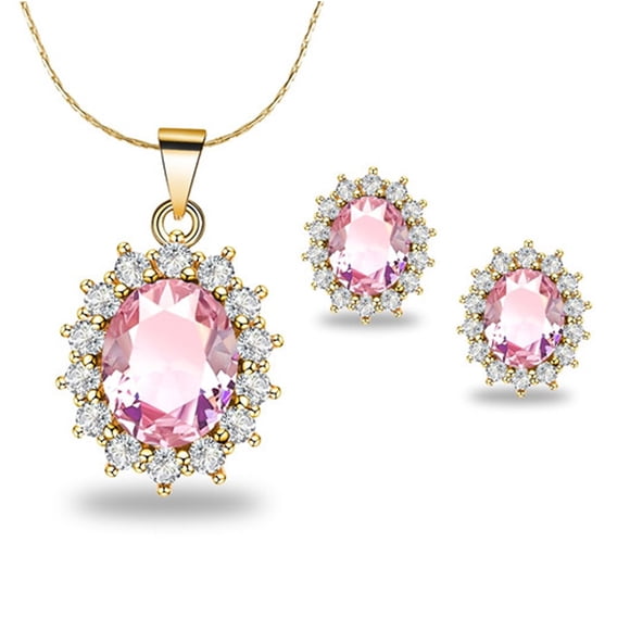 Paris Jewelry 18K Yellow Gold Plated Created Pink Sapphire Round 8CT CZ Oval Necklace 18 inch